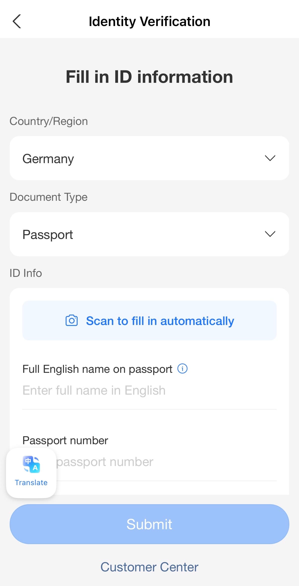 Alipay Identity Verification mit Country Germany und Document Type Passport