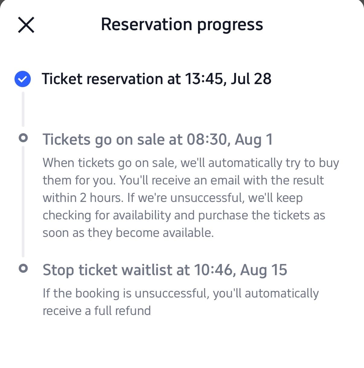 Trip.com Reservation Progress mit den drei Schritten Reservation, Sale Start, Waitlist Stop
