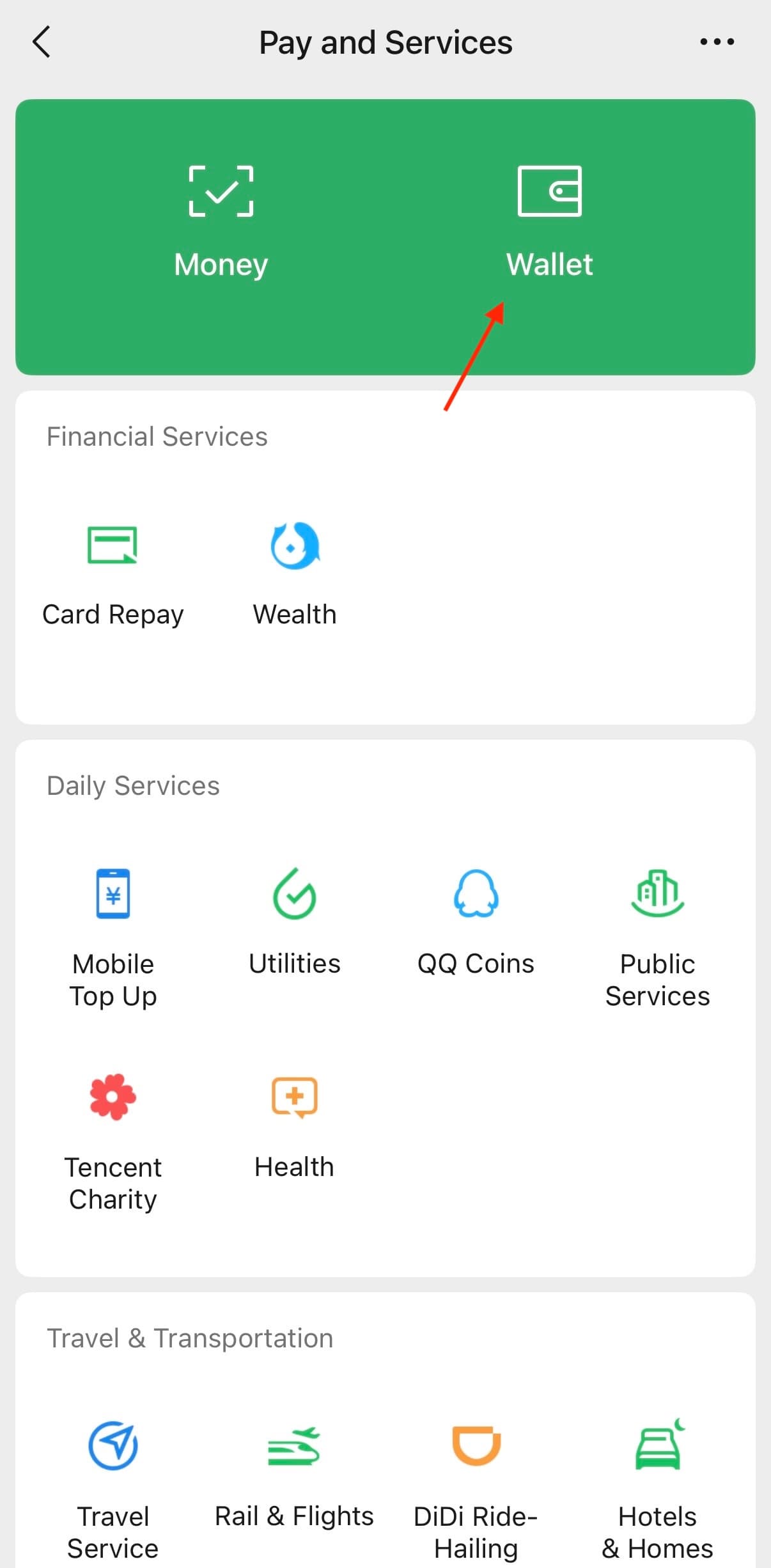 WeChat Pay and Services mit Pfeil auf Wallet