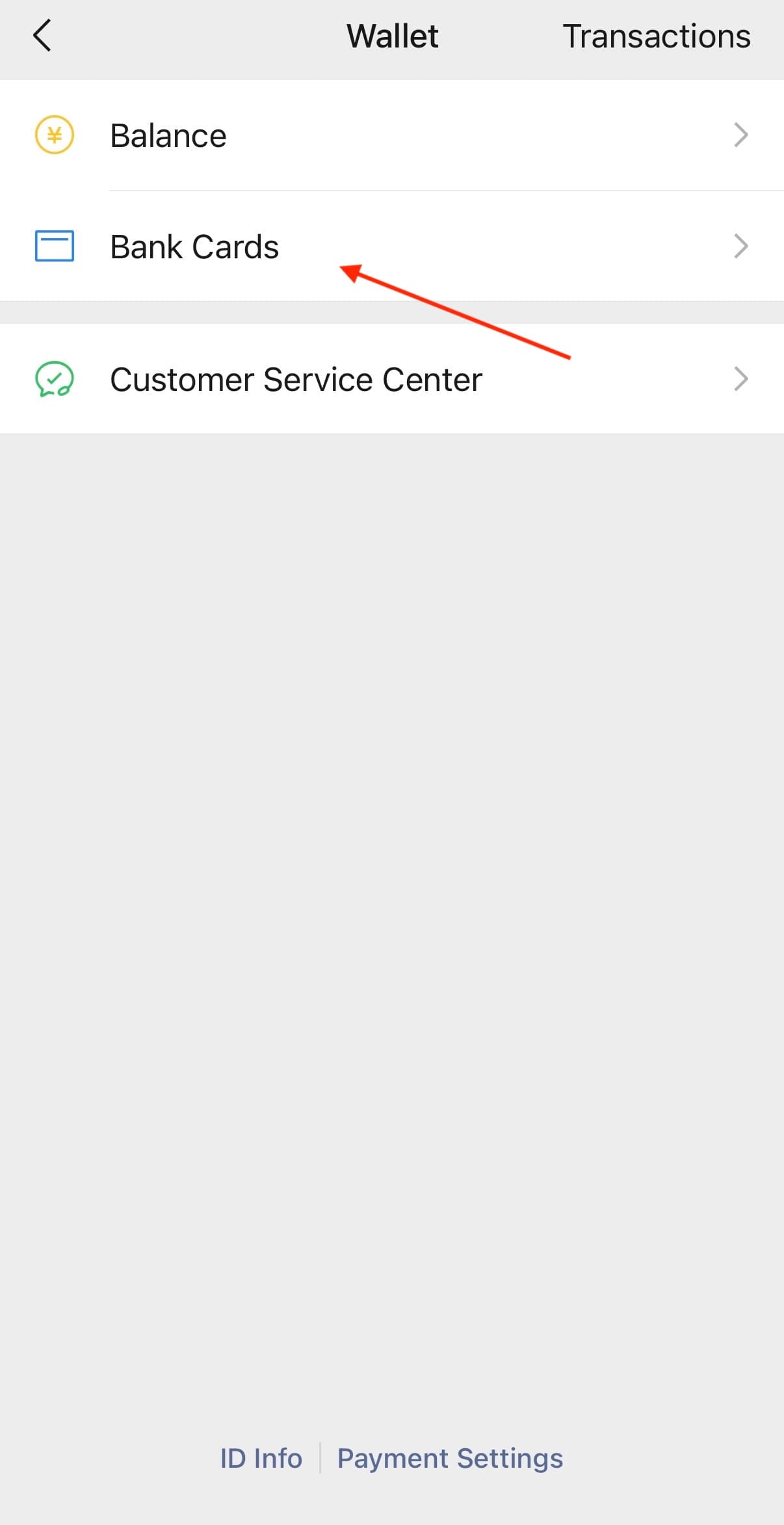 WeChat Wallet mit Pfeil auf Bank Cards