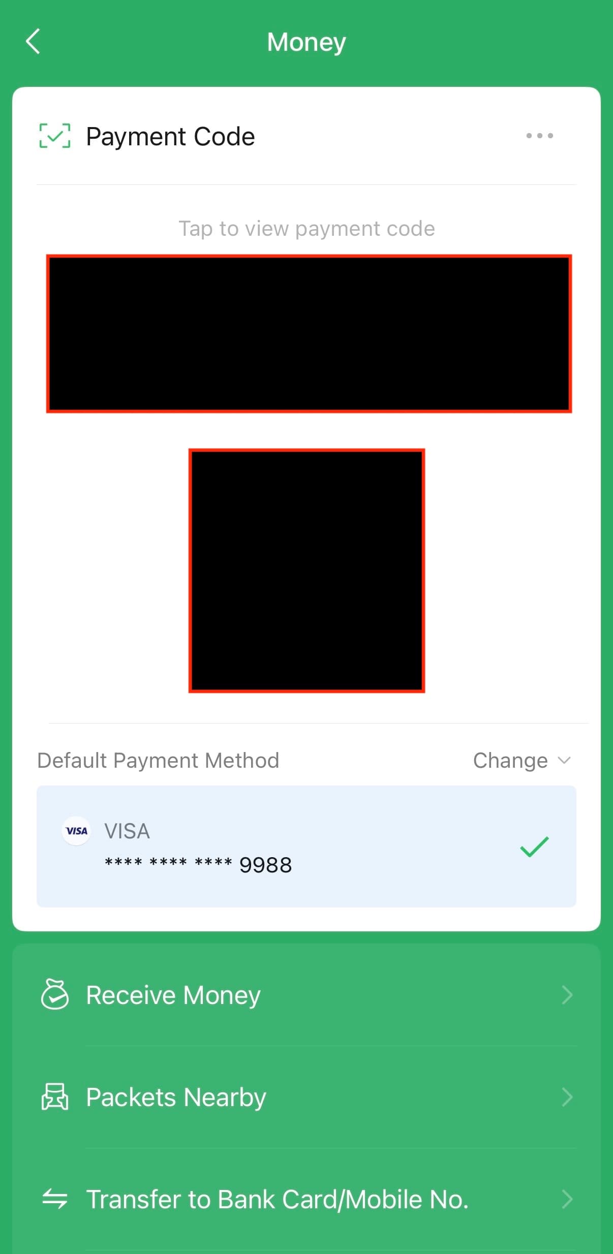 WeChat Payment Code Screen mit VISA als Default Payment Method